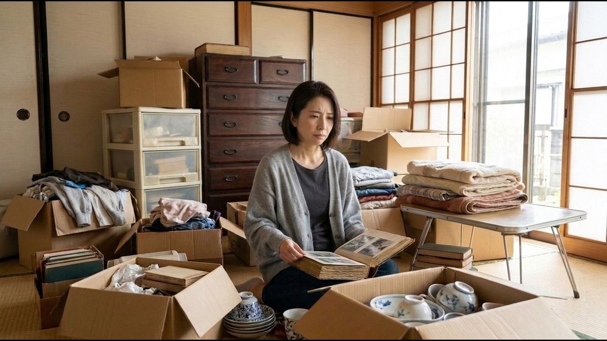 実家の片付けに悩む家族の写真・イラスト